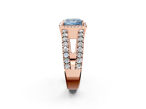 Rose gold Fancy Blue Princess  Cut Halo Split Shank Diamond Ring with Four-Prong Setting