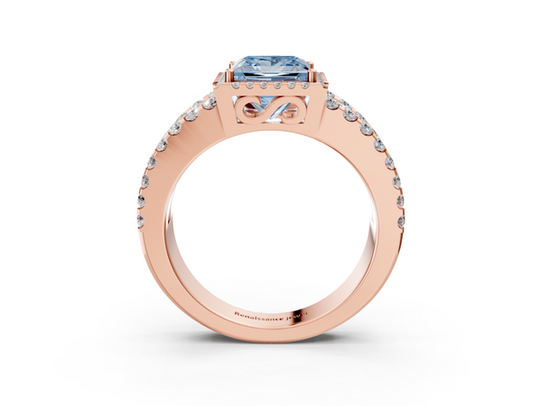 Rose gold Fancy Blue Princess  Cut Halo Split Shank Diamond Ring with Four-Prong Setting
