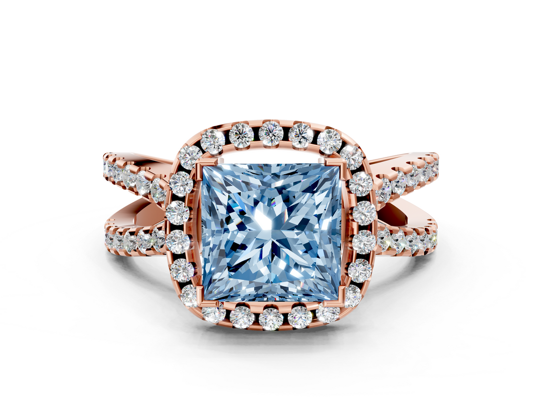 Rose gold Fancy Blue Princess  Cut Halo Split Shank Pave Set Ring_78