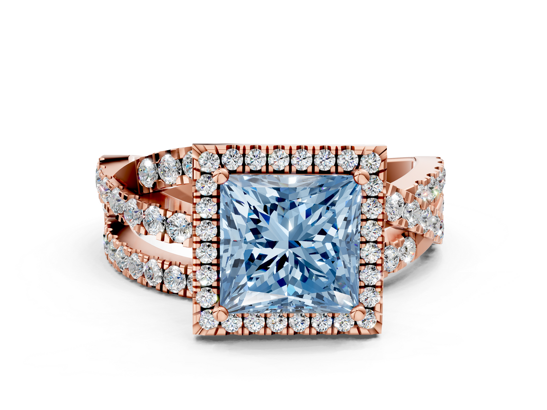 Rose gold Fancy Blue Princess  Cut Halo Split Shank Prong Setting Ring_61