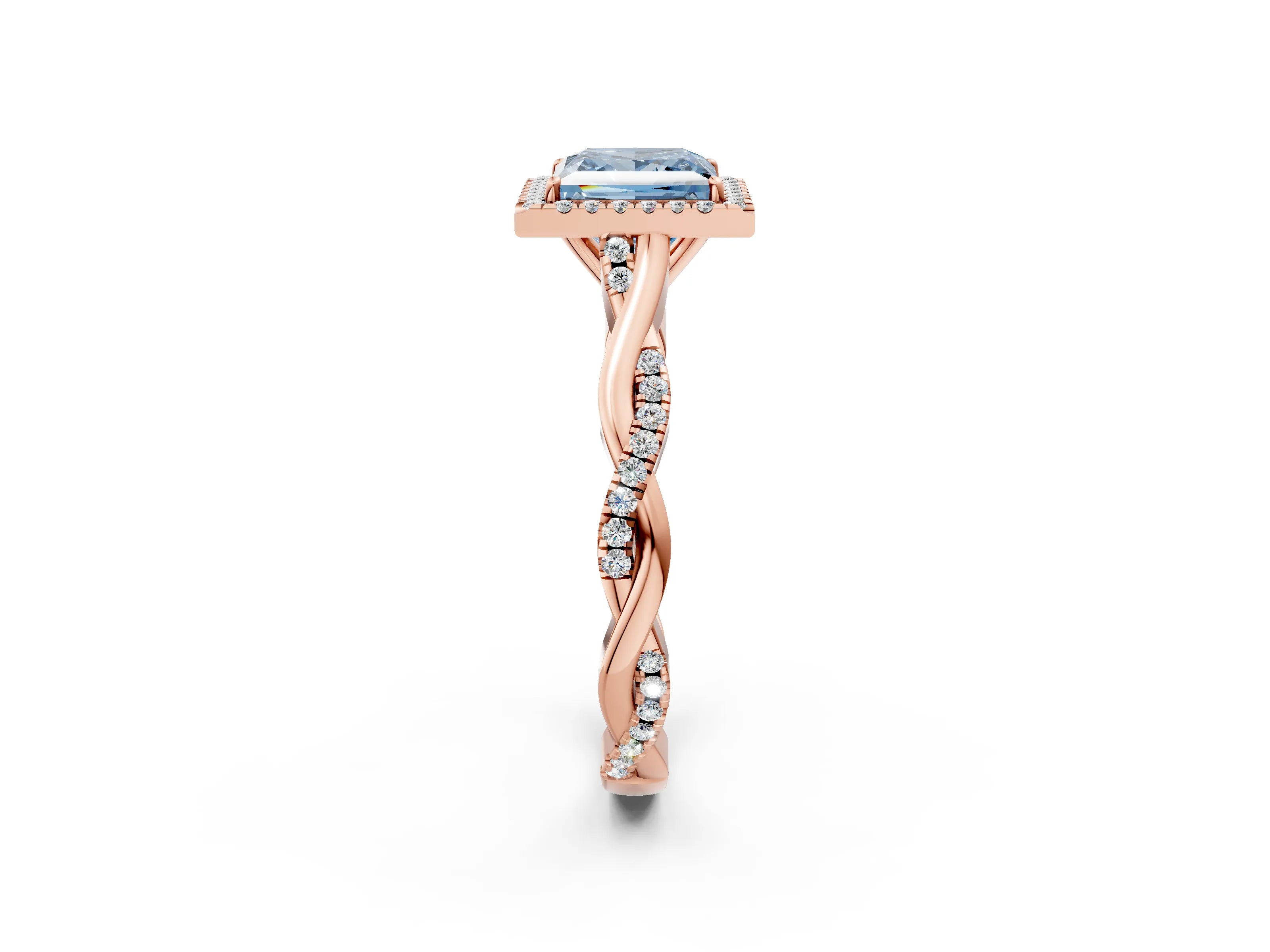 Rose gold Fancy Blue Princess Cut Halo Twist Band with Four-Prong Setting_2