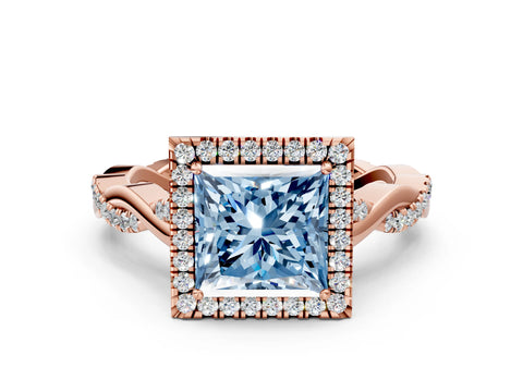 Rose gold Fancy Blue Princess Cut Halo Twist Band with Four-Prong Setting