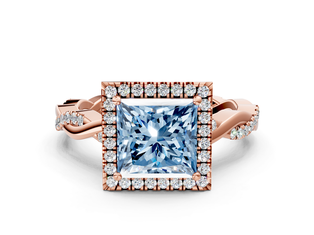 Rose gold Fancy Blue Princess  Cut Halo Twisted Band Four-Prong Ring_20