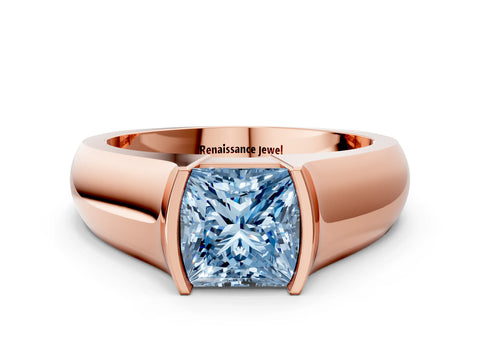 Rose gold Fancy Blue Princess Cut Solitaire Bezel Set Diamond Ring with Wide Band