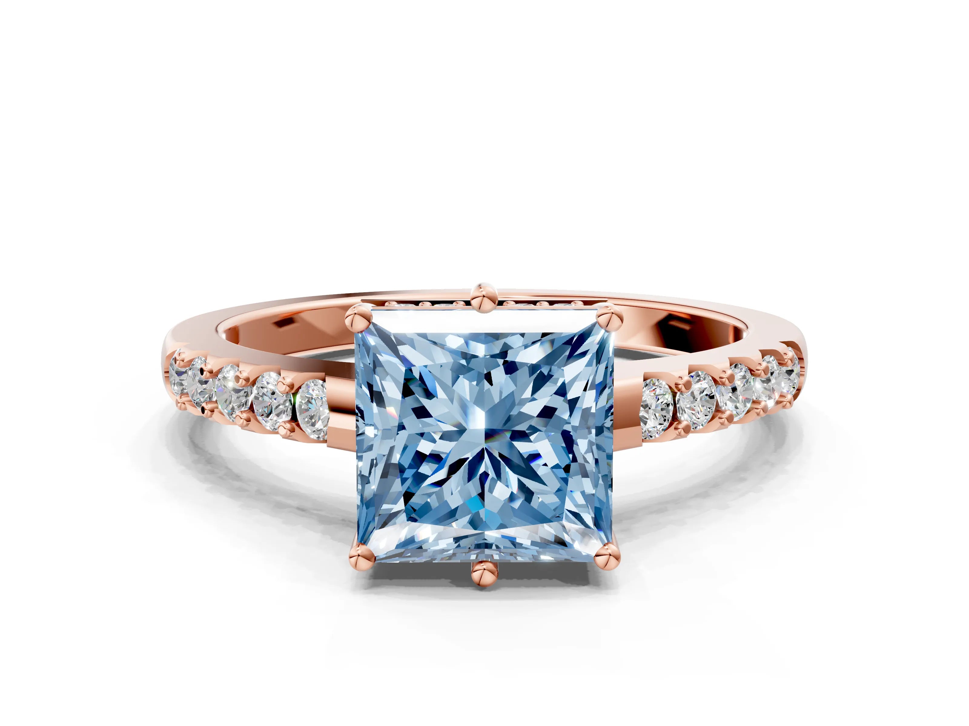 Rose gold Fancy Blue Princess Cut Solitaire Diamond Engagement Ring with Pavé Band and Six-Prong Setting_12