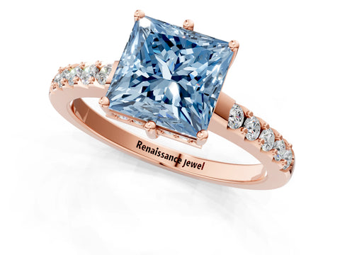Rose gold Fancy Blue Princess Cut Solitaire Diamond Engagement Ring with Pavé Band and Six-Prong Setting_13