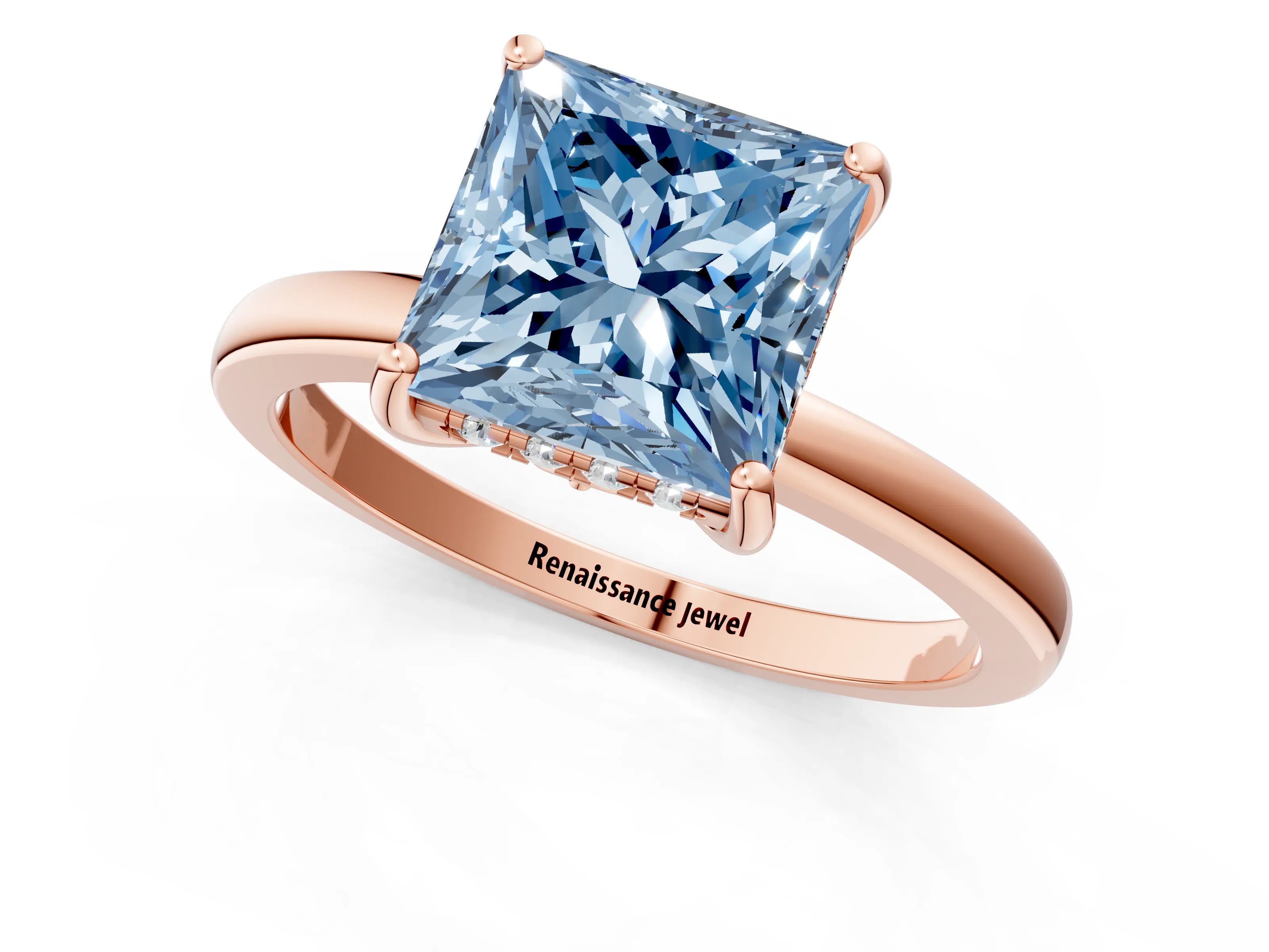 Rose gold Fancy Blue Princess Cut Solitaire Diamond Ring with Prong Setting and Plain Band_1