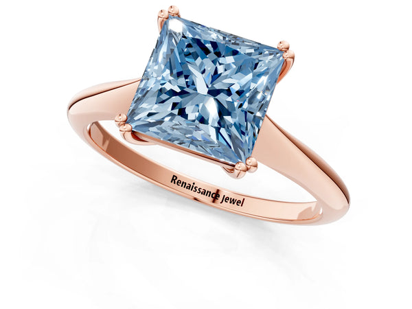 Rose gold Fancy Blue Princess Cut Solitaire Diamond Ring with Six-Prong Setting and Classic Band