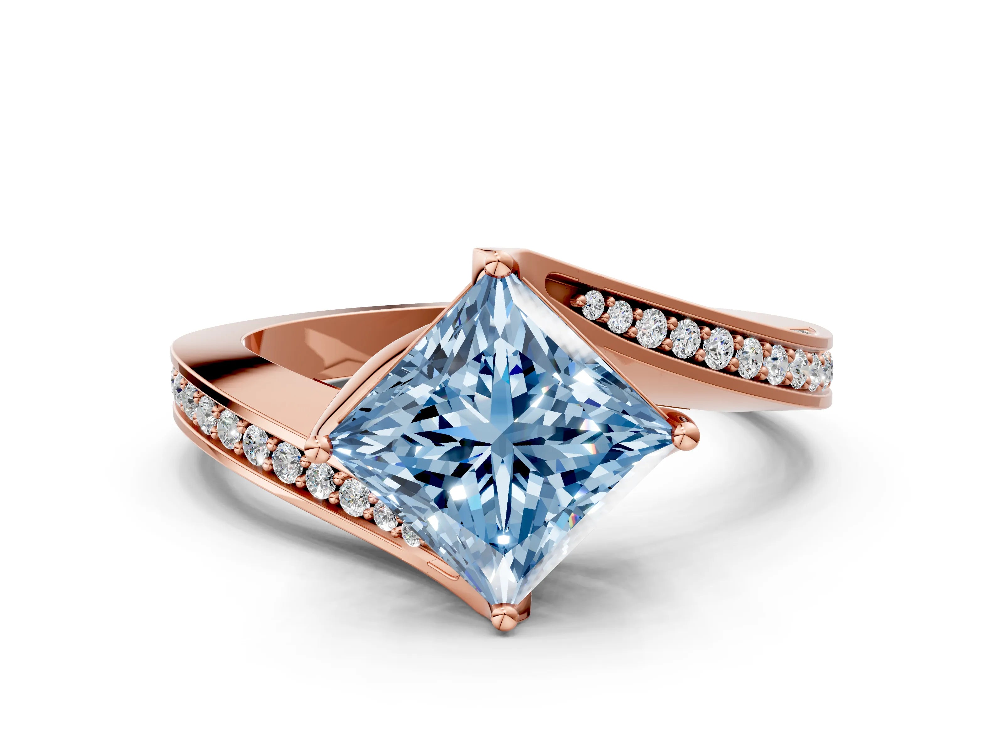 Rose gold Fancy Blue Princess Cut Solitaire Diamond Twist Band with Pavé Setting and Four-Prong Setting