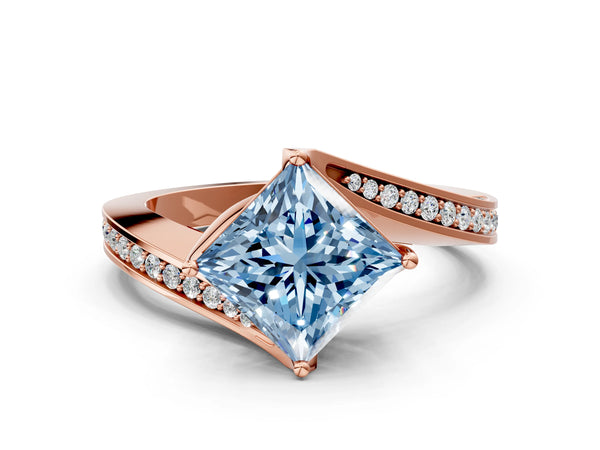 Rose Gold Princess Cut Swirl Bypass Pave Engagement Ring Setting for Fancy Blue Center