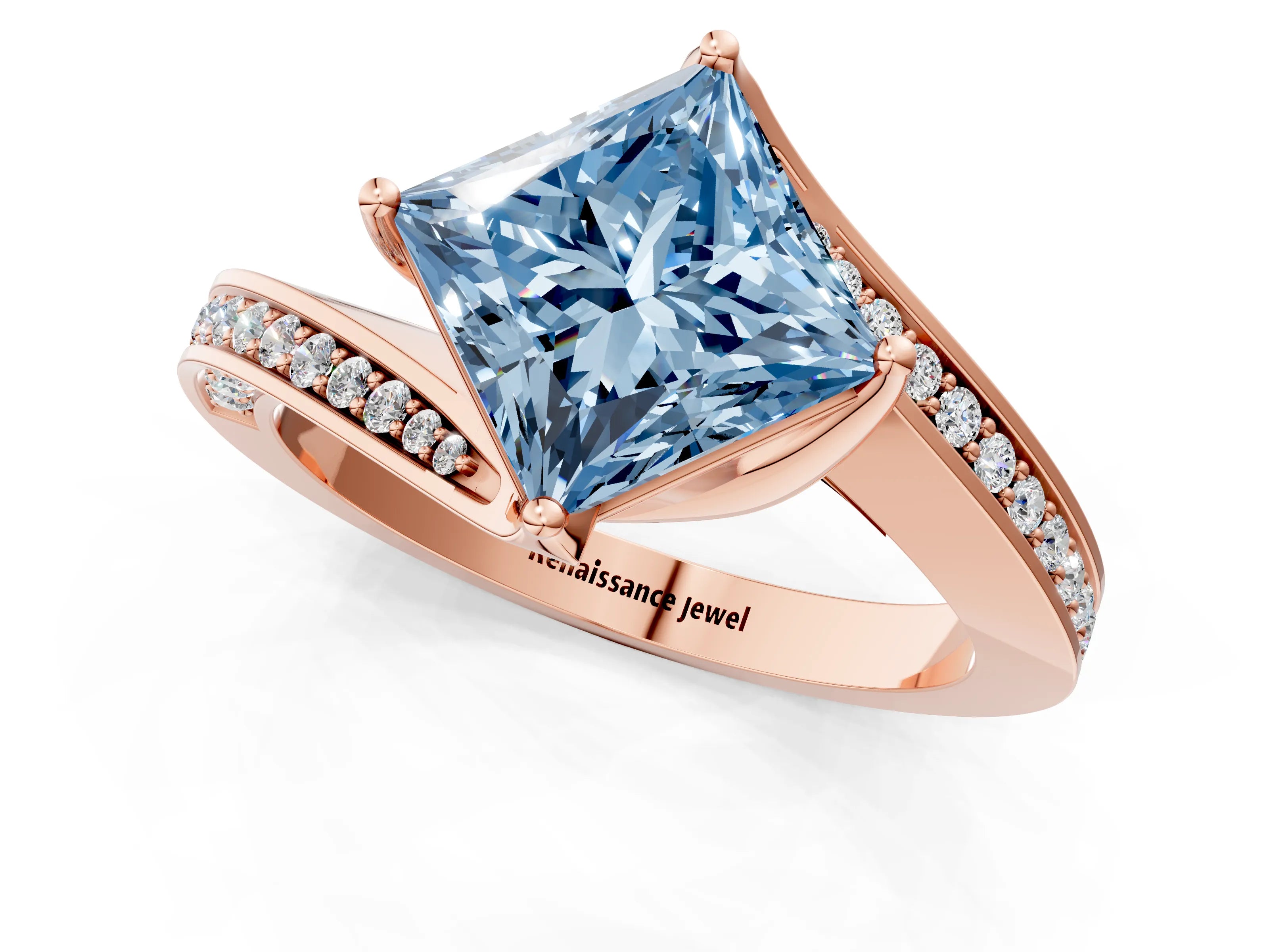 Rose gold Fancy Blue Princess Cut Solitaire Diamond Twist Band with Pavé Setting and Four-Prong Setting_1