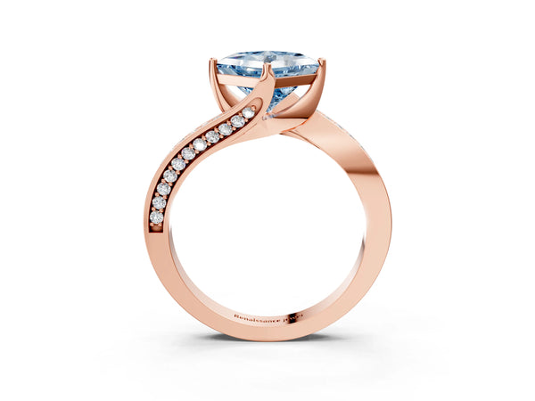 Rose Gold Princess Cut Swirl Bypass Pave Engagement Ring Setting for Fancy Blue Center