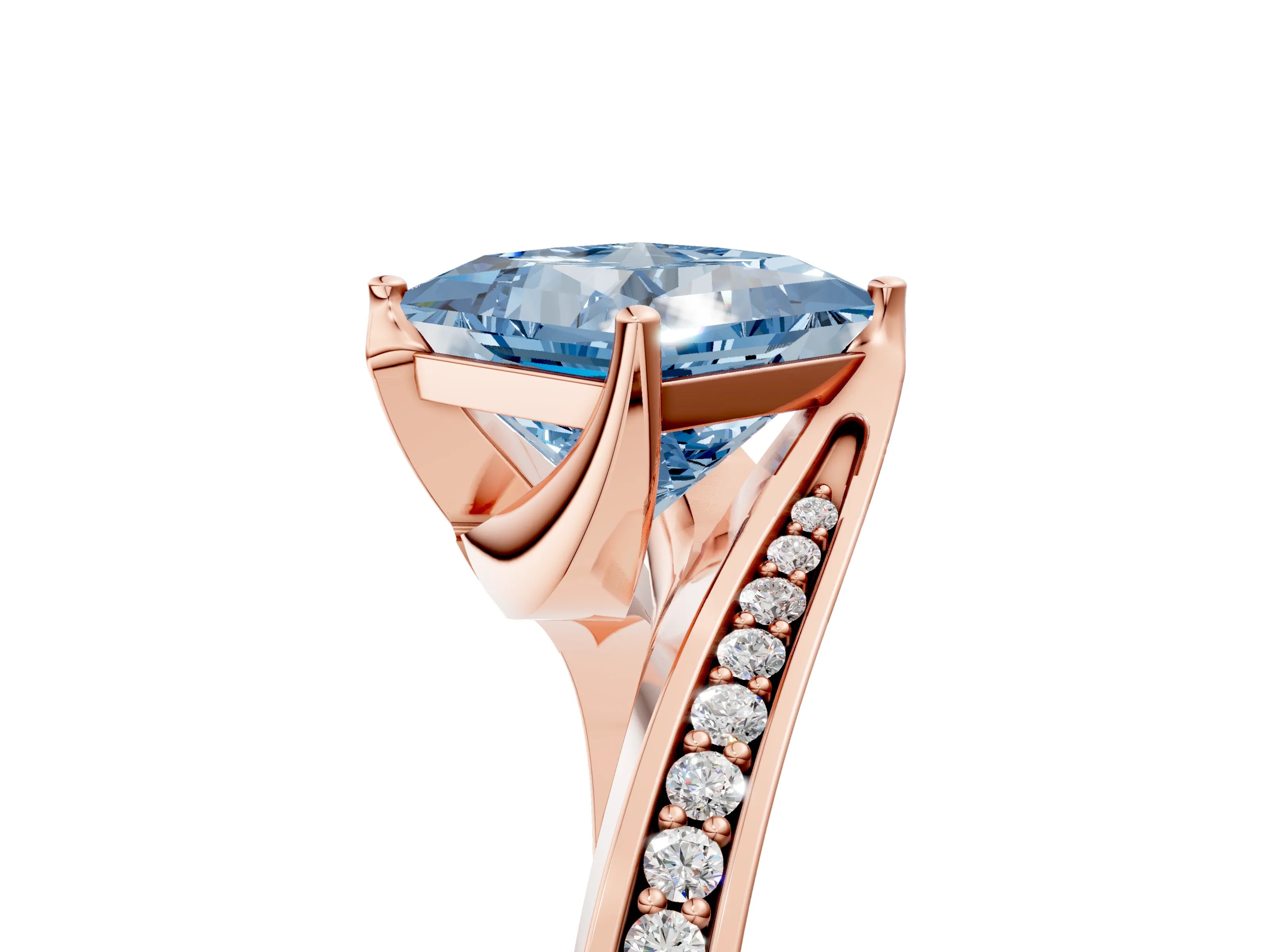 Rose gold Fancy Blue Princess Cut Solitaire Diamond Twist Band with Pavé Setting and Four-Prong Setting_5
