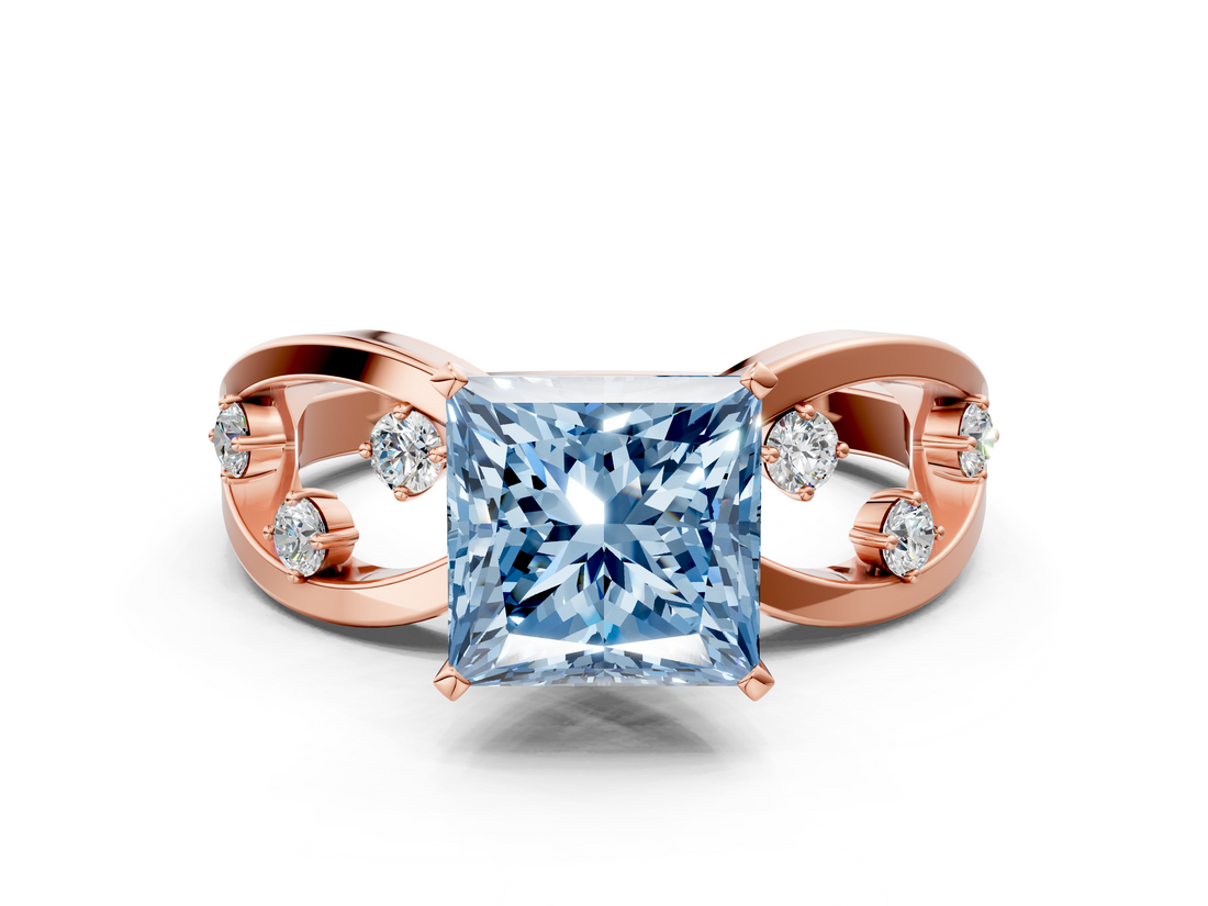 Rose gold Fancy Blue Princess  Cut Solitaire Diamond with Side Stones on Criss-Cross Band and Four-Prong Setting_3