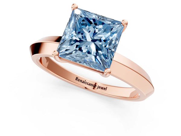 Rose gold Fancy Blue Princess  Cut Solitaire Engagement Ring with Flat Band and Four-Prong Setting