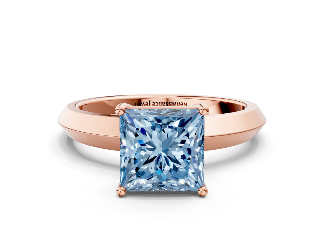 Rose gold Fancy Blue Princess  Cut Solitaire Engagement Ring with Flat Band and Four-Prong Setting