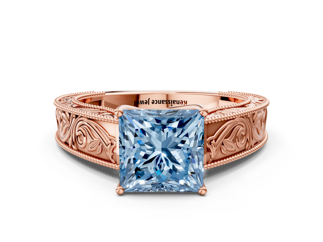 Rose gold Fancy Blue Princess  Cut Solitaire Engraved Band with Four-Prong Setting_62