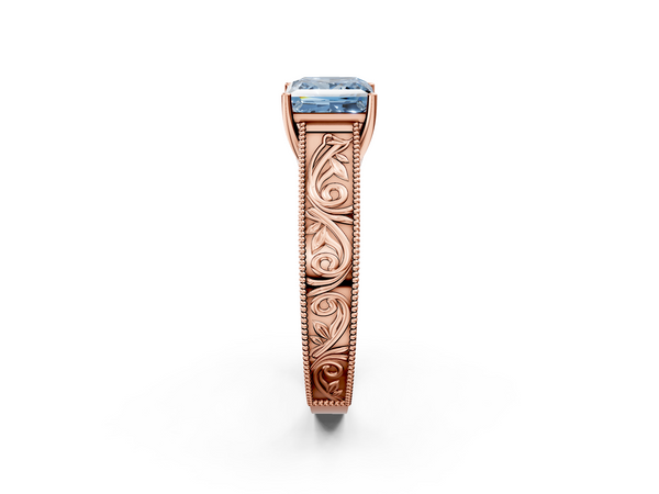 Rose gold Fancy Blue Princess Cut Diamond Solitaire Ring with Engraved Band and Four-Prong Setting