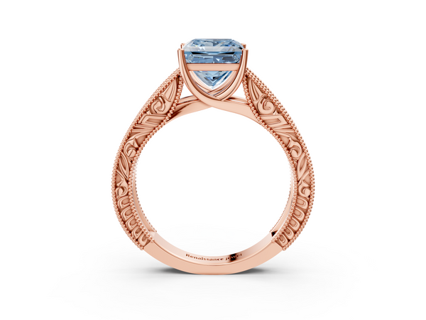 Rose gold Fancy Blue Princess Cut Diamond Solitaire Ring with Engraved Band and Four-Prong Setting