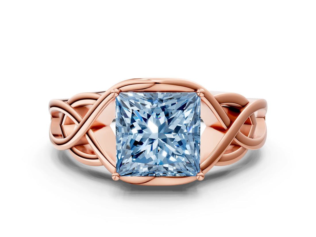 Rose gold Fancy Blue Princess Cut Solitaire Intertwined Band Prong Setting Ring