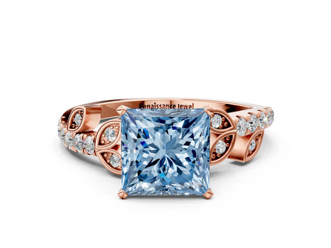 Rose gold Fancy Blue Princess Cut Solitaire Leaf-Inspired Diamond Ring with Pavé Band and Four-Prong Setting_12