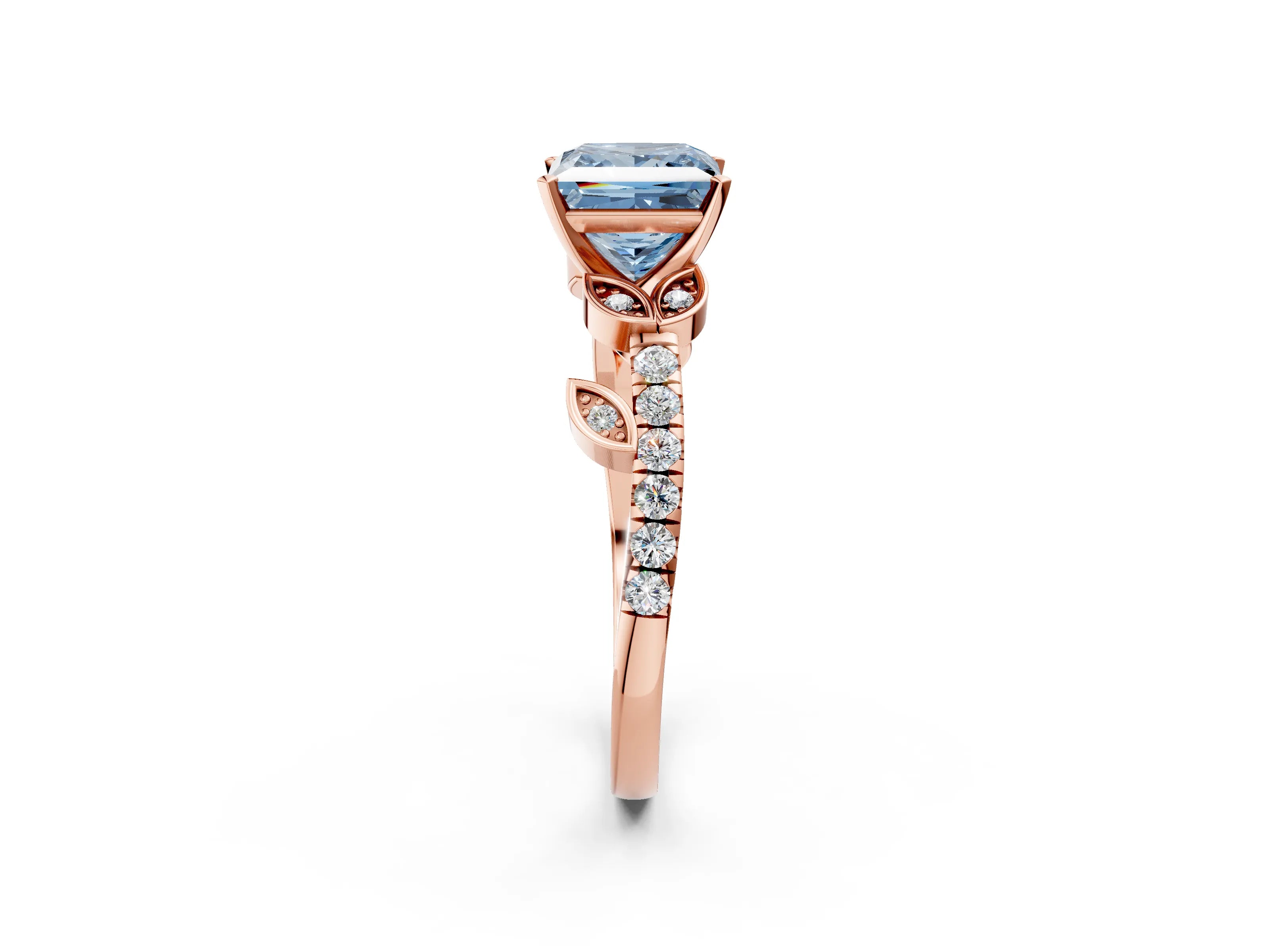 Rose gold Fancy Blue Princess Cut Solitaire Leaf-Inspired Diamond Ring with Pavé Band and Four-Prong Setting_14