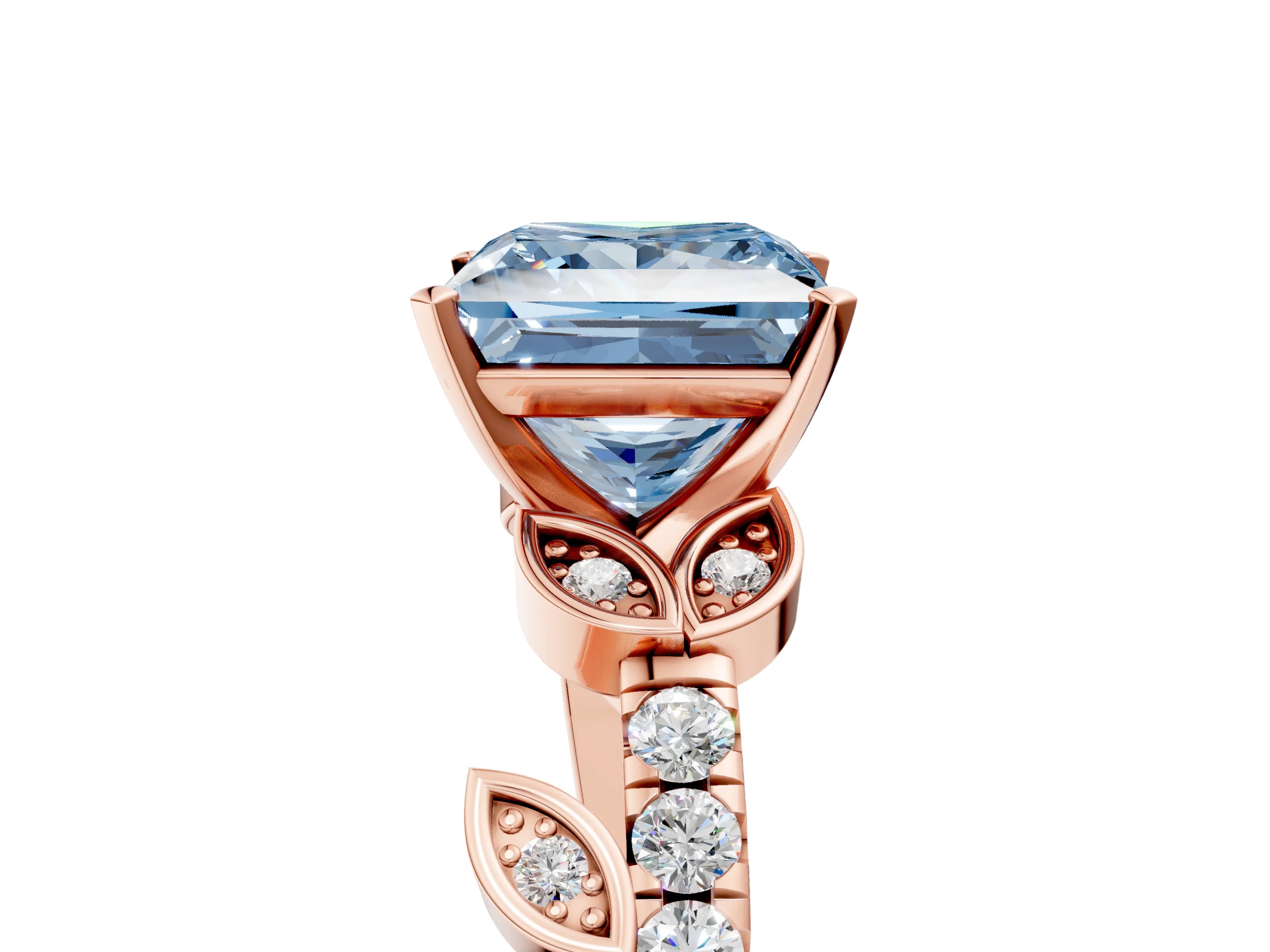 Rose gold Fancy Blue Princess Cut Solitaire Leaf-Inspired Diamond Ring with Pavé Band and Four-Prong Setting_17