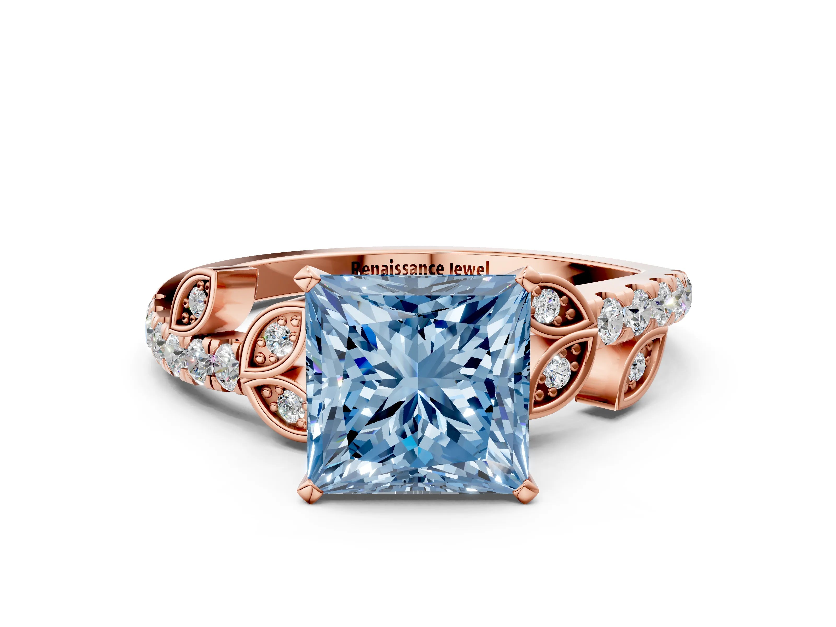 Rose gold Fancy Blue Princess Cut Solitaire Leaf-Inspired Diamond Ring with Pavé Band and Four-Prong Setting_24