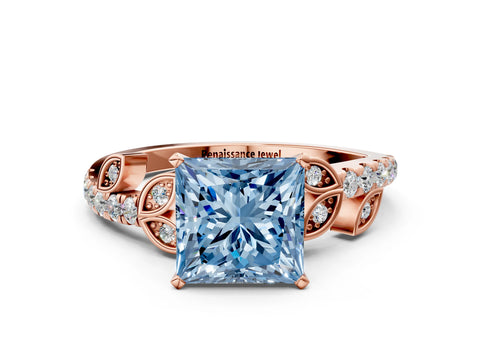 Rose gold Fancy Blue Princess Cut Solitaire Leaf-Inspired Diamond Ring with Pavé Band and Four-Prong Setting_24