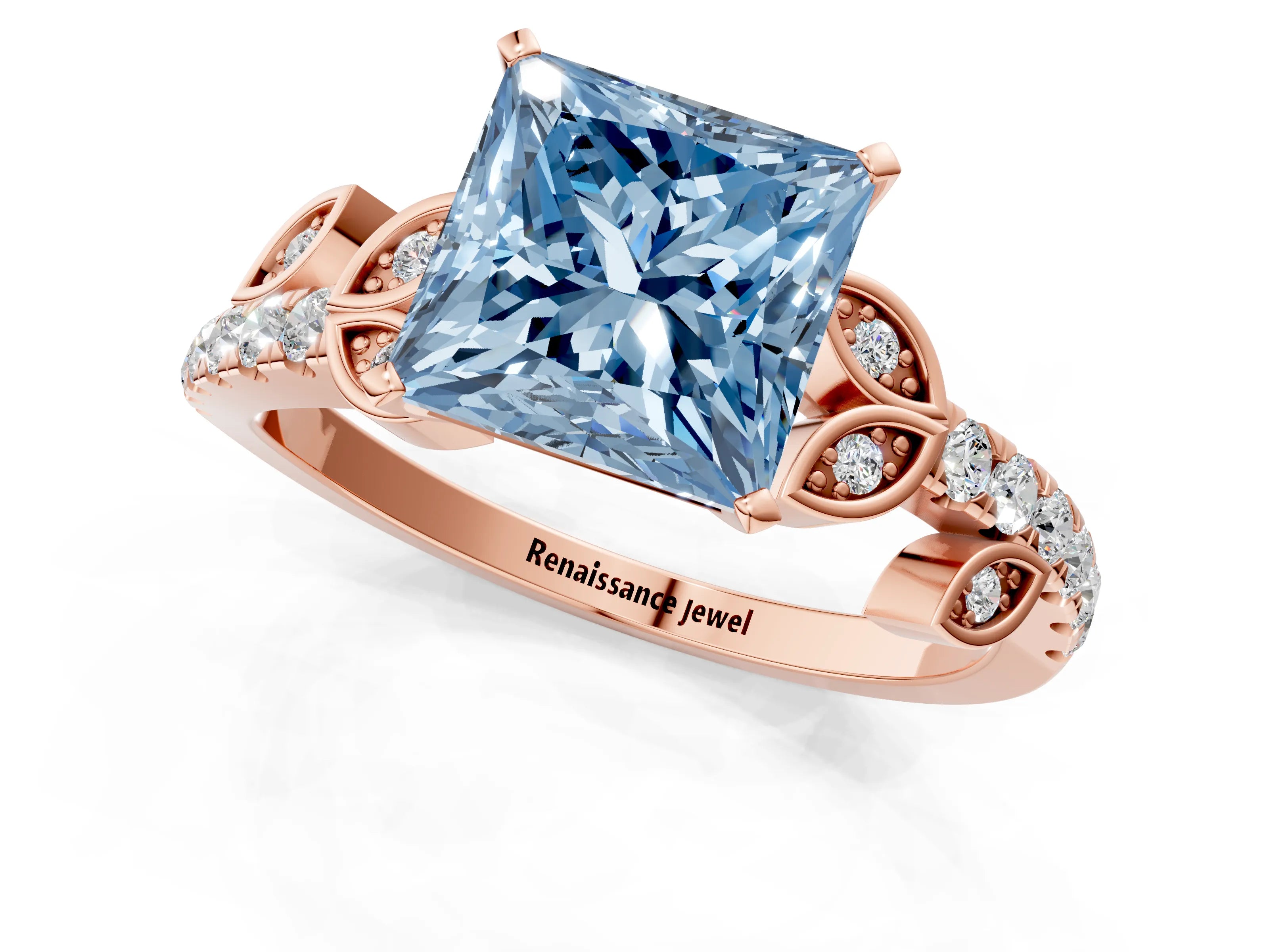 Rose gold Fancy Blue Princess Cut Solitaire Leaf-Inspired Diamond Ring with Pavé Band and Four-Prong Setting_25