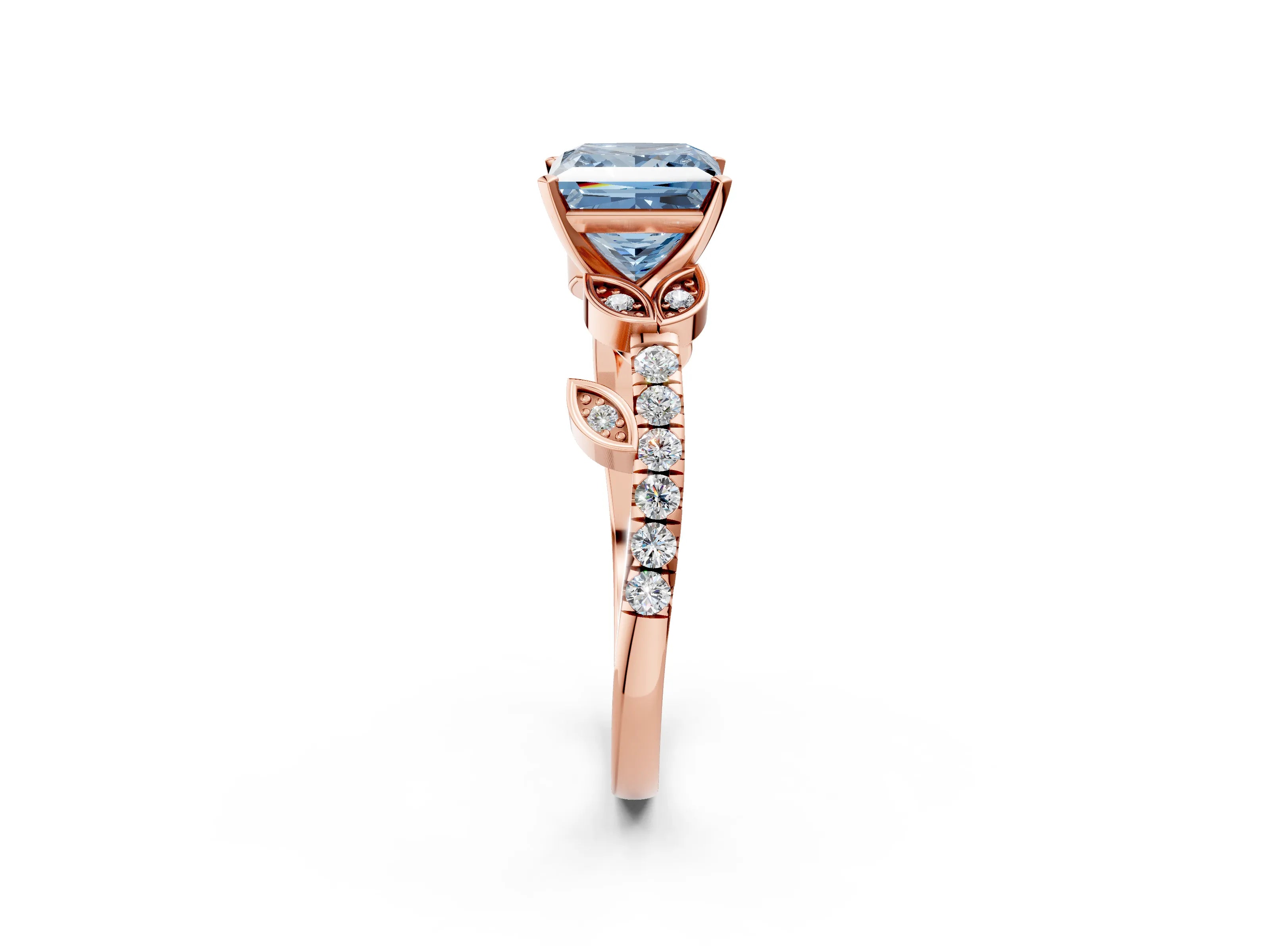 Rose gold Fancy Blue Princess Cut Solitaire Leaf-Inspired Diamond Ring with Pavé Band and Four-Prong Setting_26