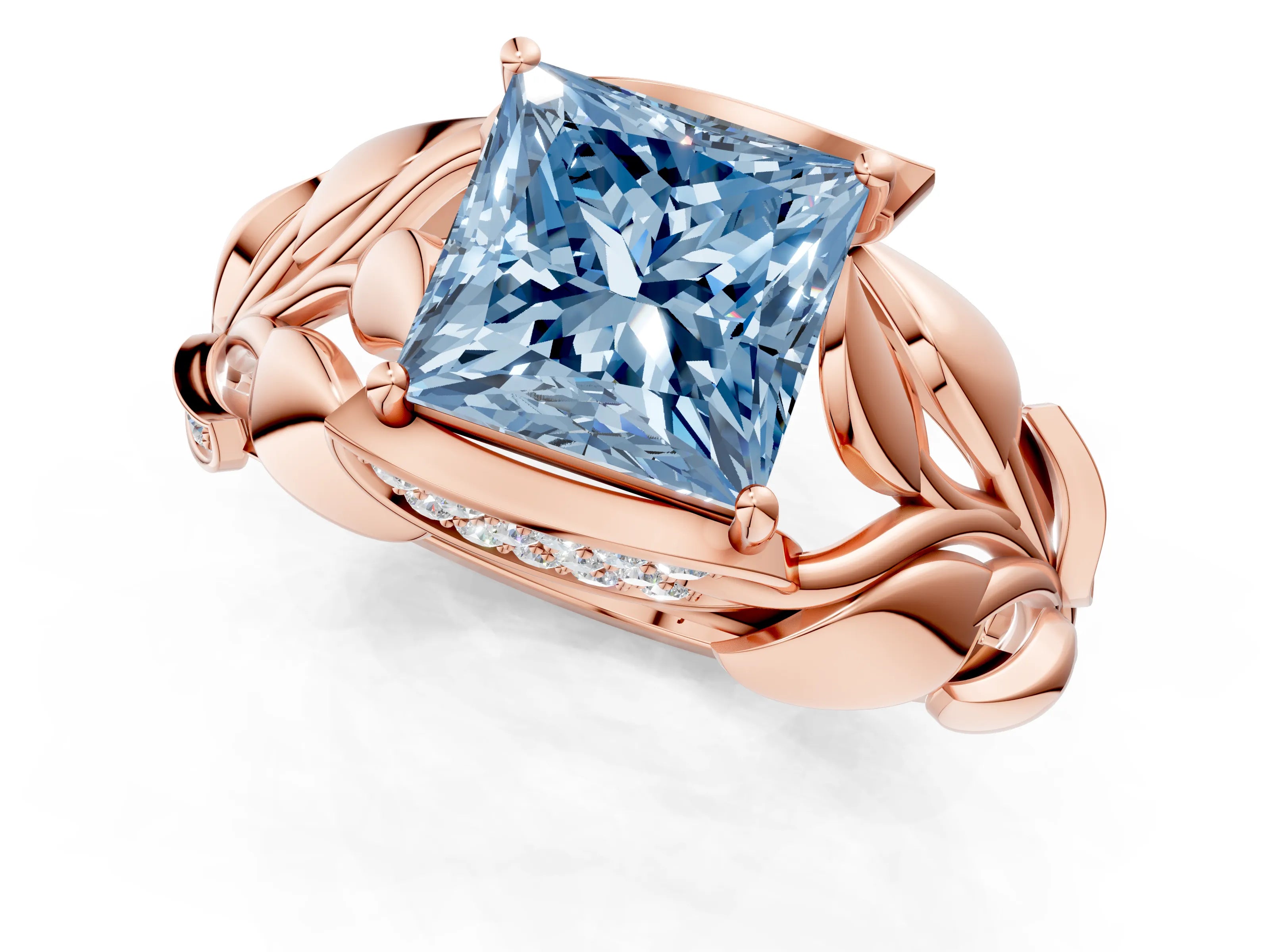 Rose gold Fancy Blue Princess Cut Solitaire Leaf-Inspired Engagement Ring with Prong Setting_1