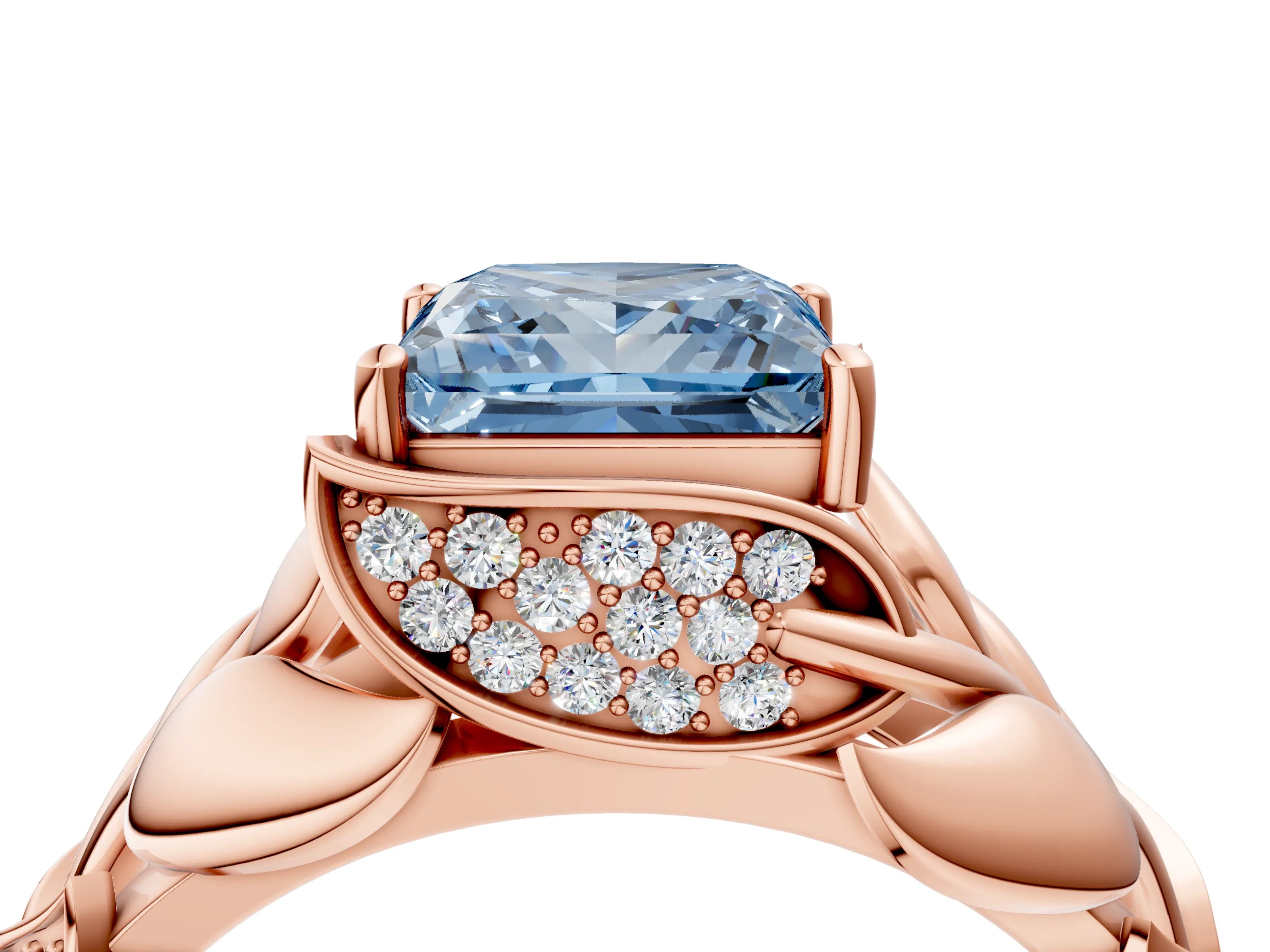 Rose gold Fancy Blue Princess Cut Solitaire Leaf-Inspired Engagement Ring with Prong Setting_4