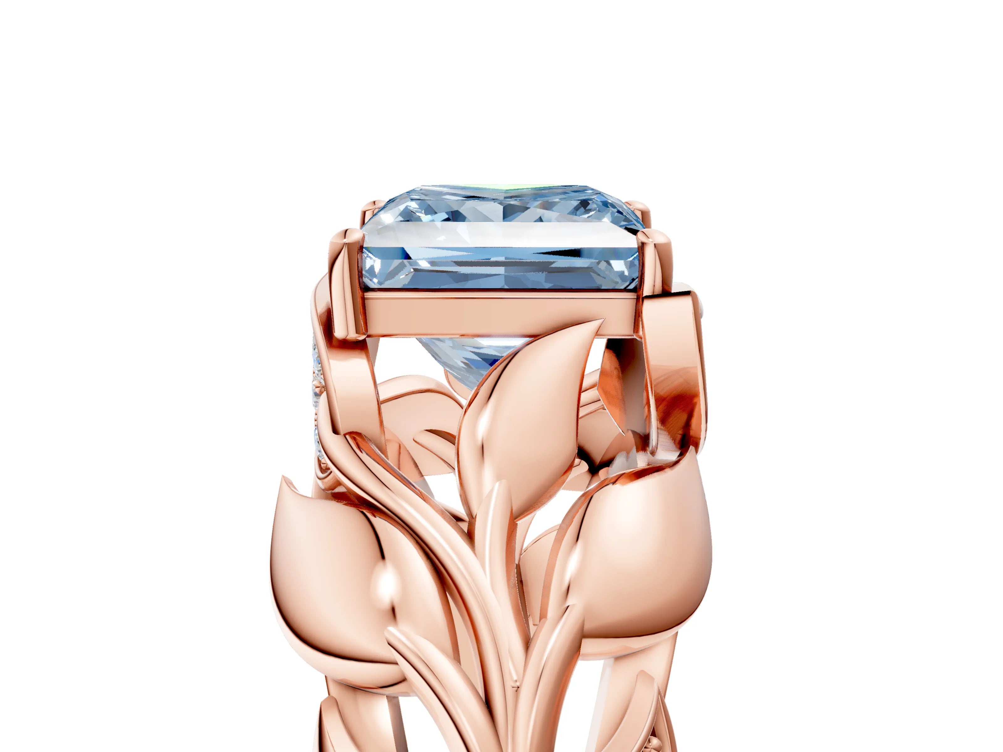 Rose gold Fancy Blue Princess Cut Solitaire Leaf-Inspired Engagement Ring with Prong Setting_5