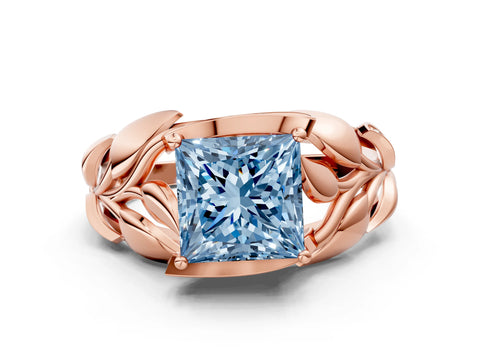 Rose gold Fancy Blue Princess Cut Solitaire Leaf-Inspired Engagement Ring with Prong Setting