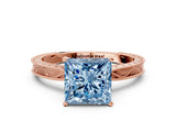 Rose gold Fancy Blue Princess Cut Solitaire Milgrain Engraved Band with Four-Prong Setting