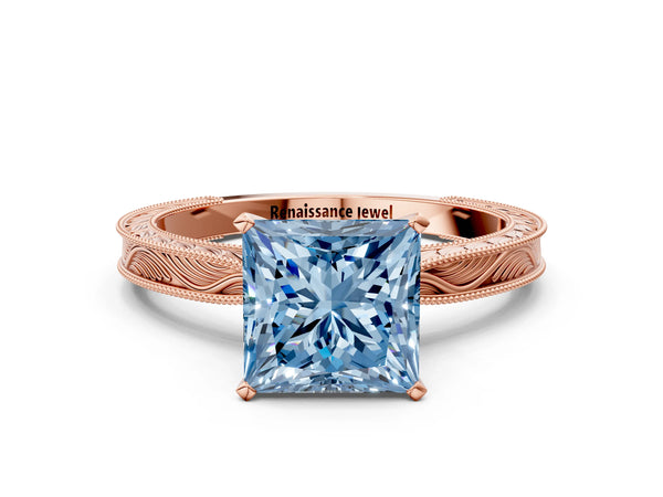 Rose gold Fancy Blue Princess Cut Solitaire Milgrain Engraved Band with Four-Prong Setting