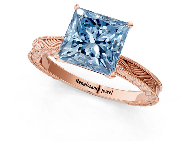 Rose gold Fancy Blue Princess Cut Solitaire Milgrain Engraved Band with Four-Prong Setting