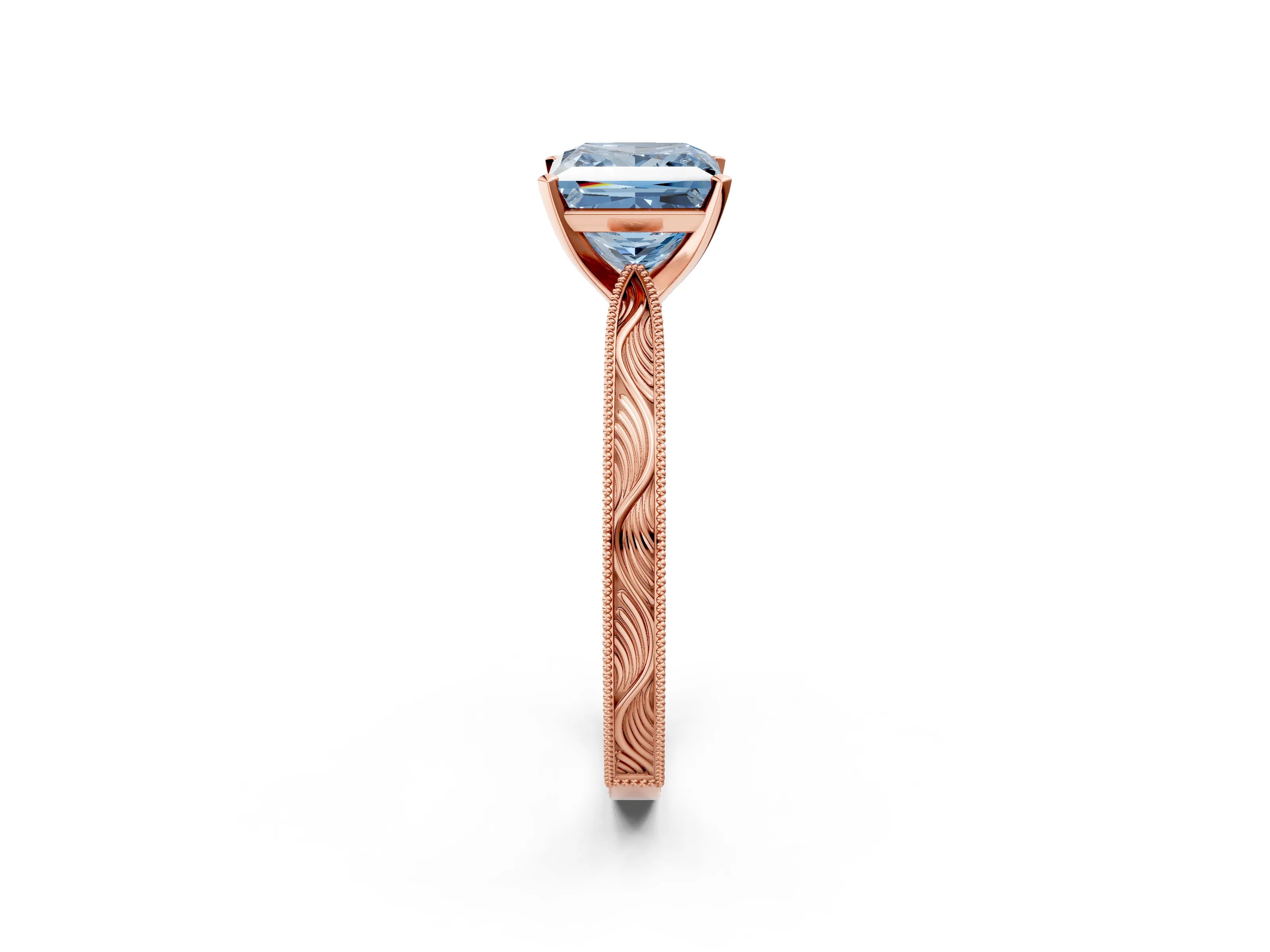 Rose gold Fancy Blue Princess Cut Solitaire Milgrain Engraved Band with Four-Prong Setting_2