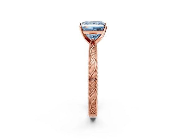 Rose gold Fancy Blue Princess Cut Solitaire Milgrain Engraved Band with Four-Prong Setting