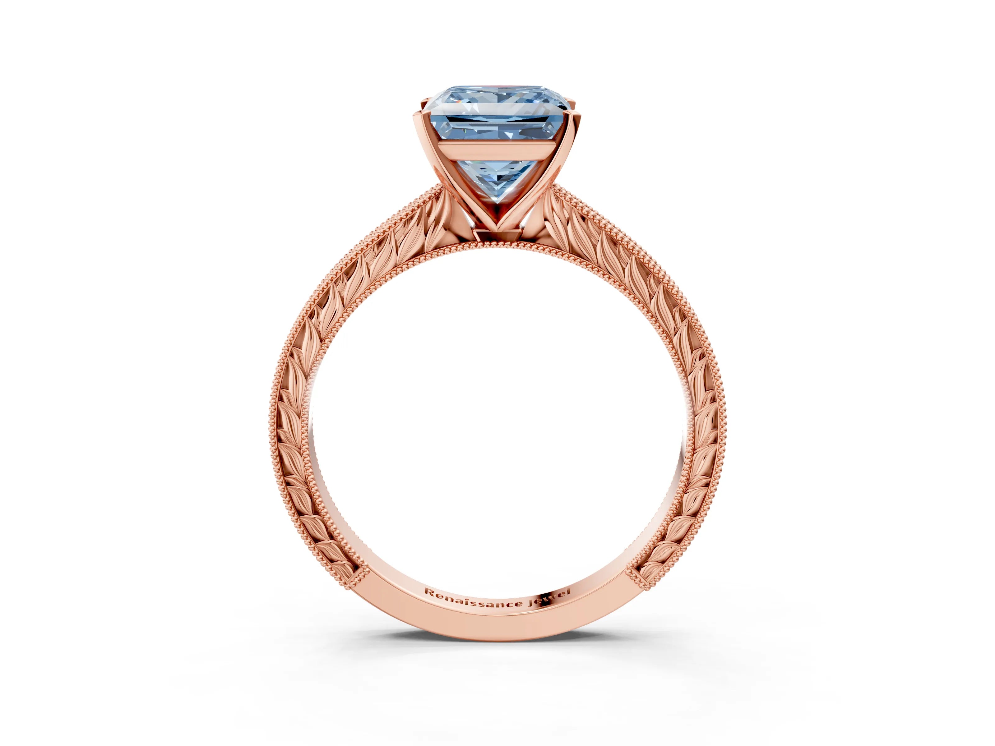 Rose gold Fancy Blue Princess Cut Solitaire Milgrain Engraved Band with Four-Prong Setting_3