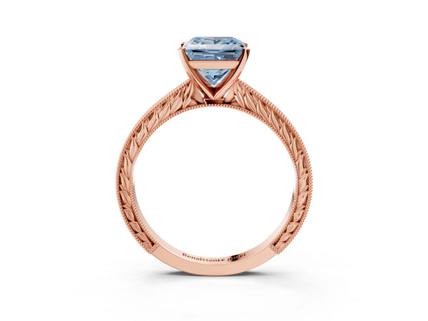 Rose gold Fancy Blue Princess Cut Solitaire Milgrain Engraved Band with Four-Prong Setting