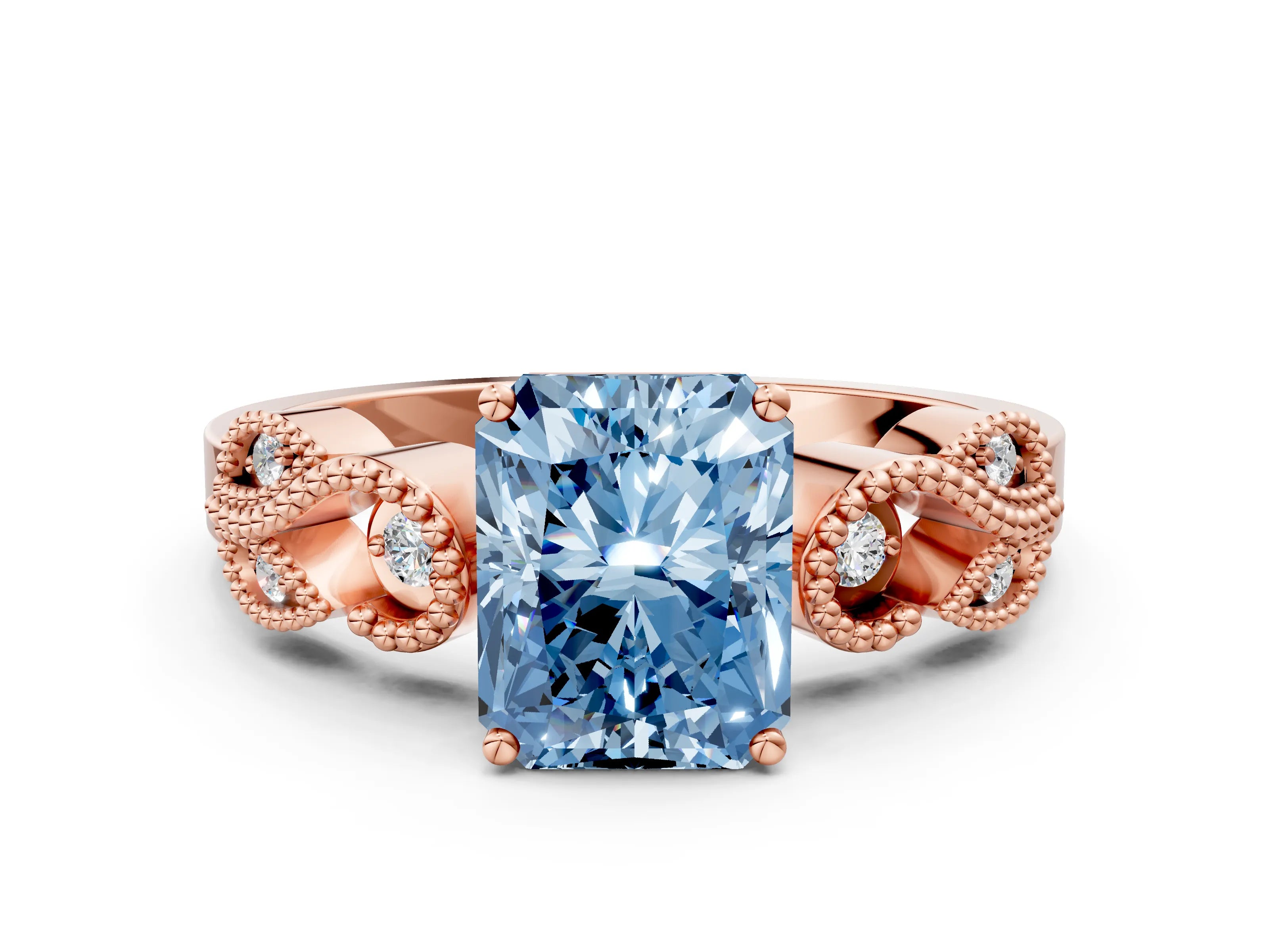 Rose gold Fancy Blue Princess Cut Solitaire Milgrain Leaf Band with Prong Setting