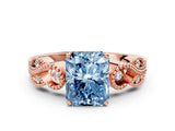 Rose gold Fancy Blue Princess Cut Solitaire Milgrain Leaf Band with Prong Setting