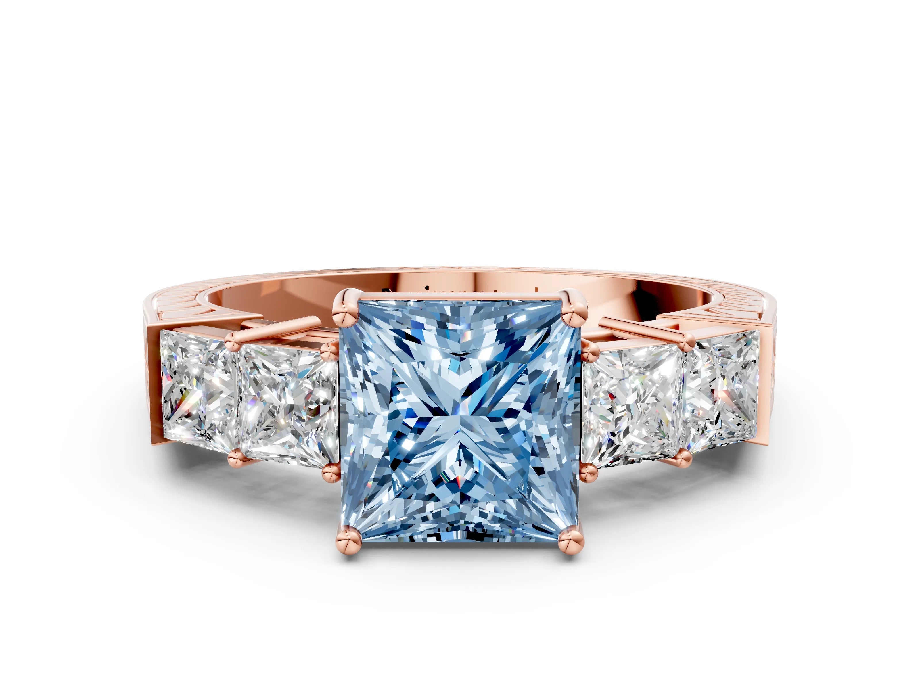 Rose gold Fancy Blue Princess Cut Solitaire Princess Side Stone Engraved Band Prong Setting Ring
