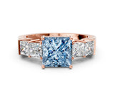 Rose gold Fancy Blue Princess Cut Solitaire Princess Side Stone Engraved Band Prong Setting Ring