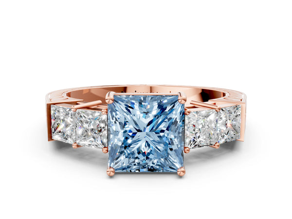Rose gold Fancy Blue Princess Cut Solitaire Princess Side Stone Engraved Band Prong Setting Ring