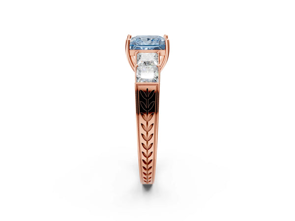 Rose gold Fancy Blue Princess Cut Solitaire Princess Side Stone Engraved Band Prong Setting Ring
