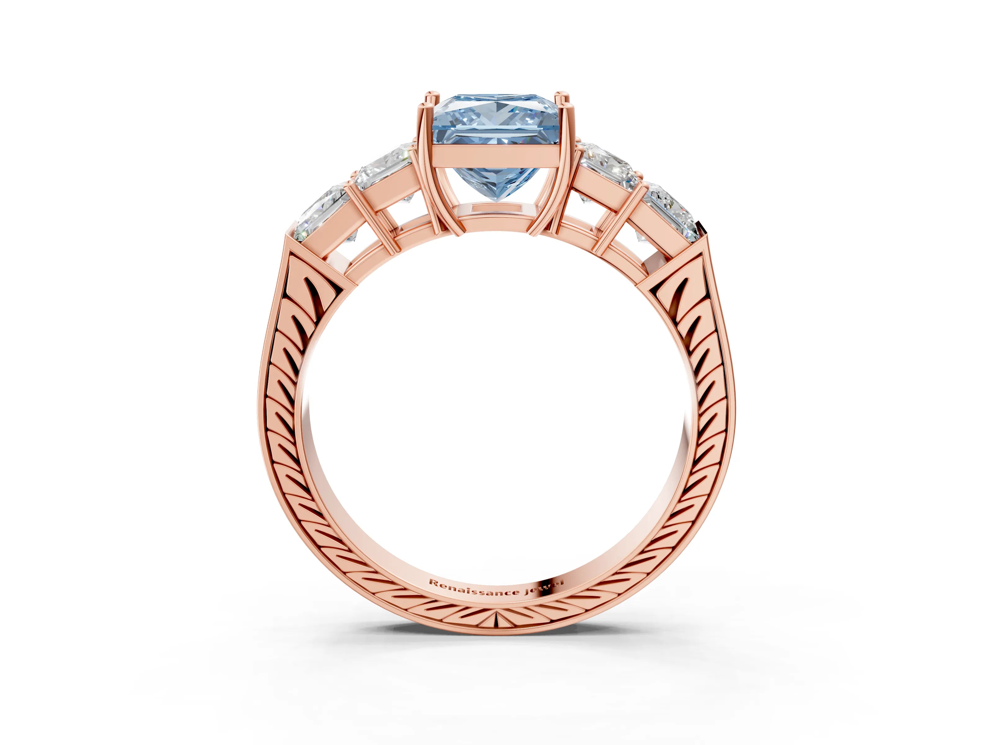 Rose gold Fancy Blue Princess Cut Solitaire Princess Side Stone Engraved Band Prong Setting Ring_3