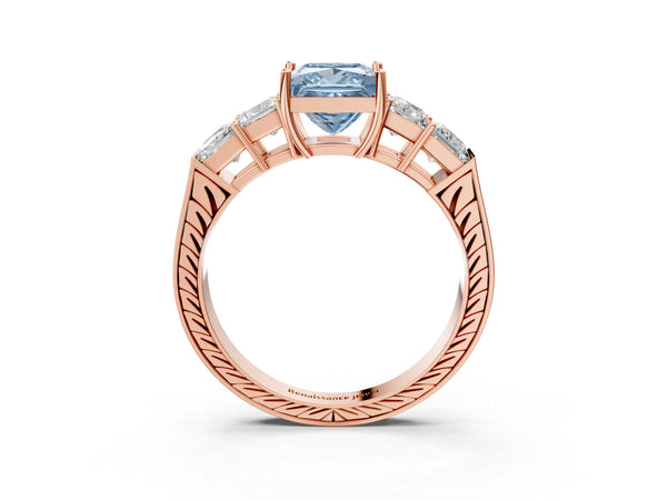 Rose gold Fancy Blue Princess Cut Solitaire Princess Side Stone Engraved Band Prong Setting Ring